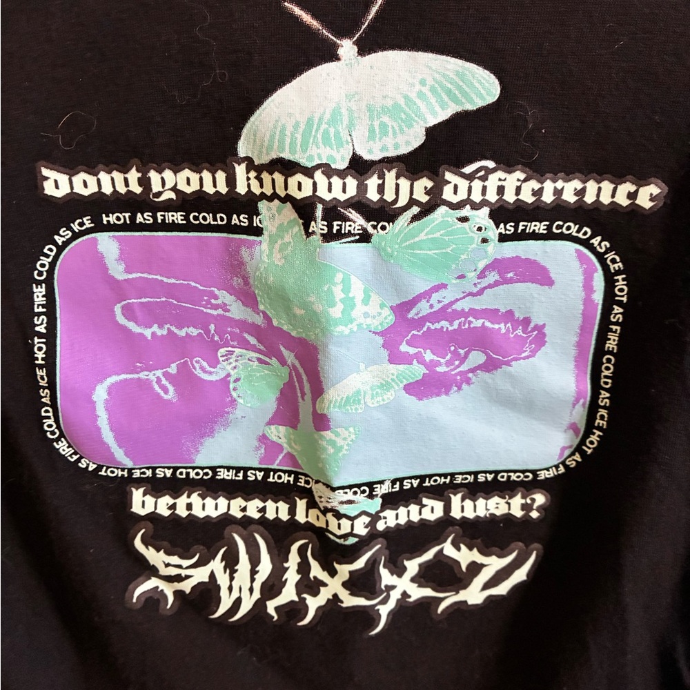 Swixxz Black Graphic Crop Top with Butterfly Design Ruched Sides - Picture 5 of 6